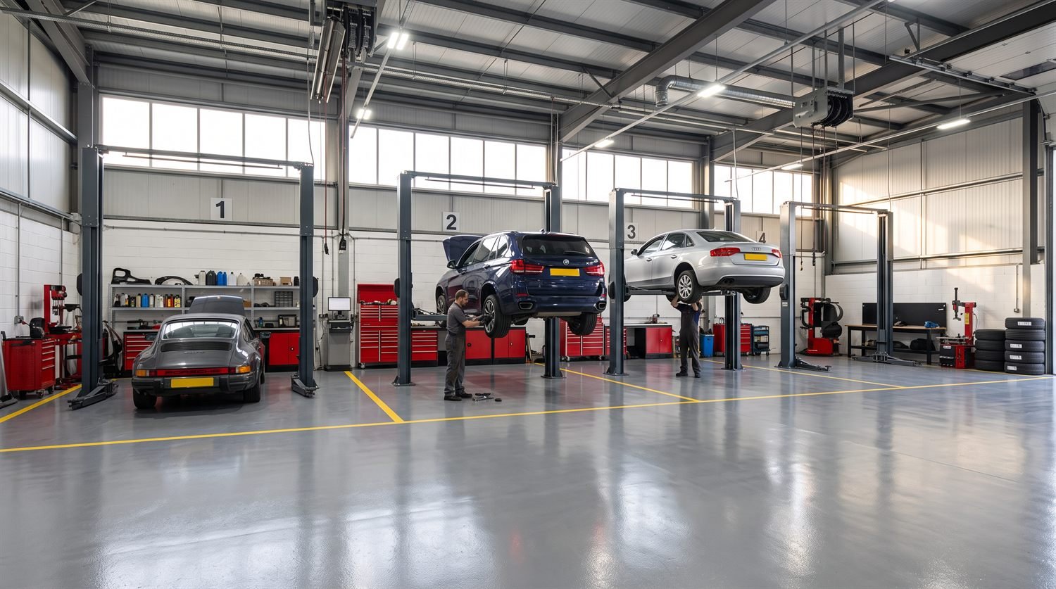 Overzicht van de werkplaats met auto's op de brug